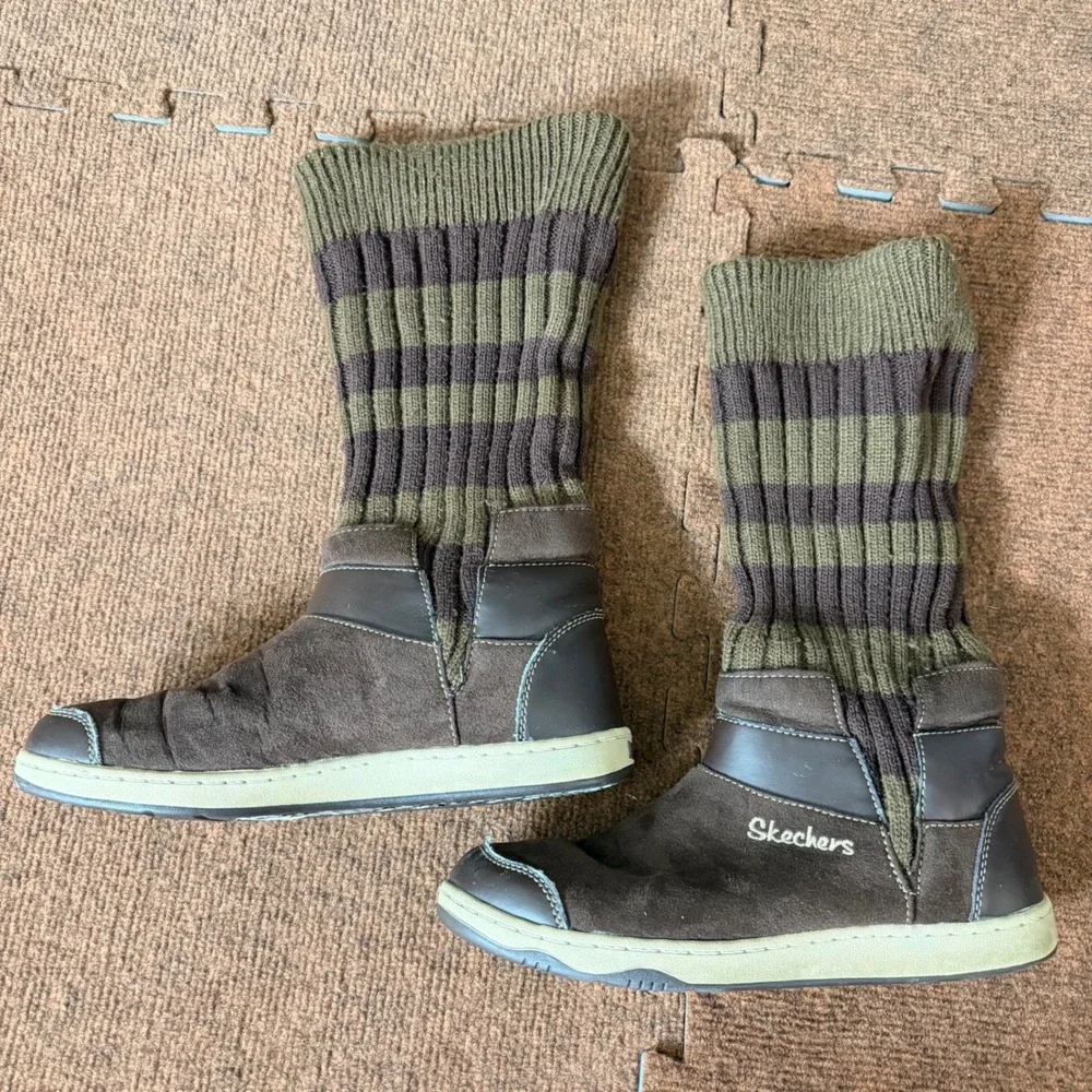 Skechers SN 37040 Womens Brown Suede Knit Sweater Cuff Mid Calf Boots Size 9.5